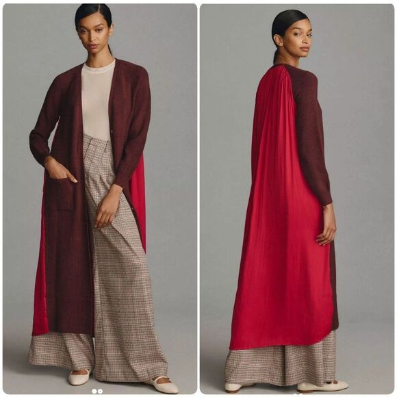 NWT ANTHROPOLOGIE Long Twofer Cardigan Sweater S Two Tone Duster Red Brown - Picture 1 of 5